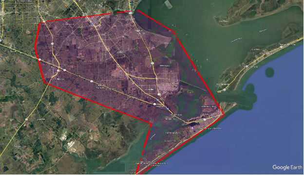 Map showing the primary service area boundary in Galveston County, covering La Marque, Texas City, League City, and surrounding communities.